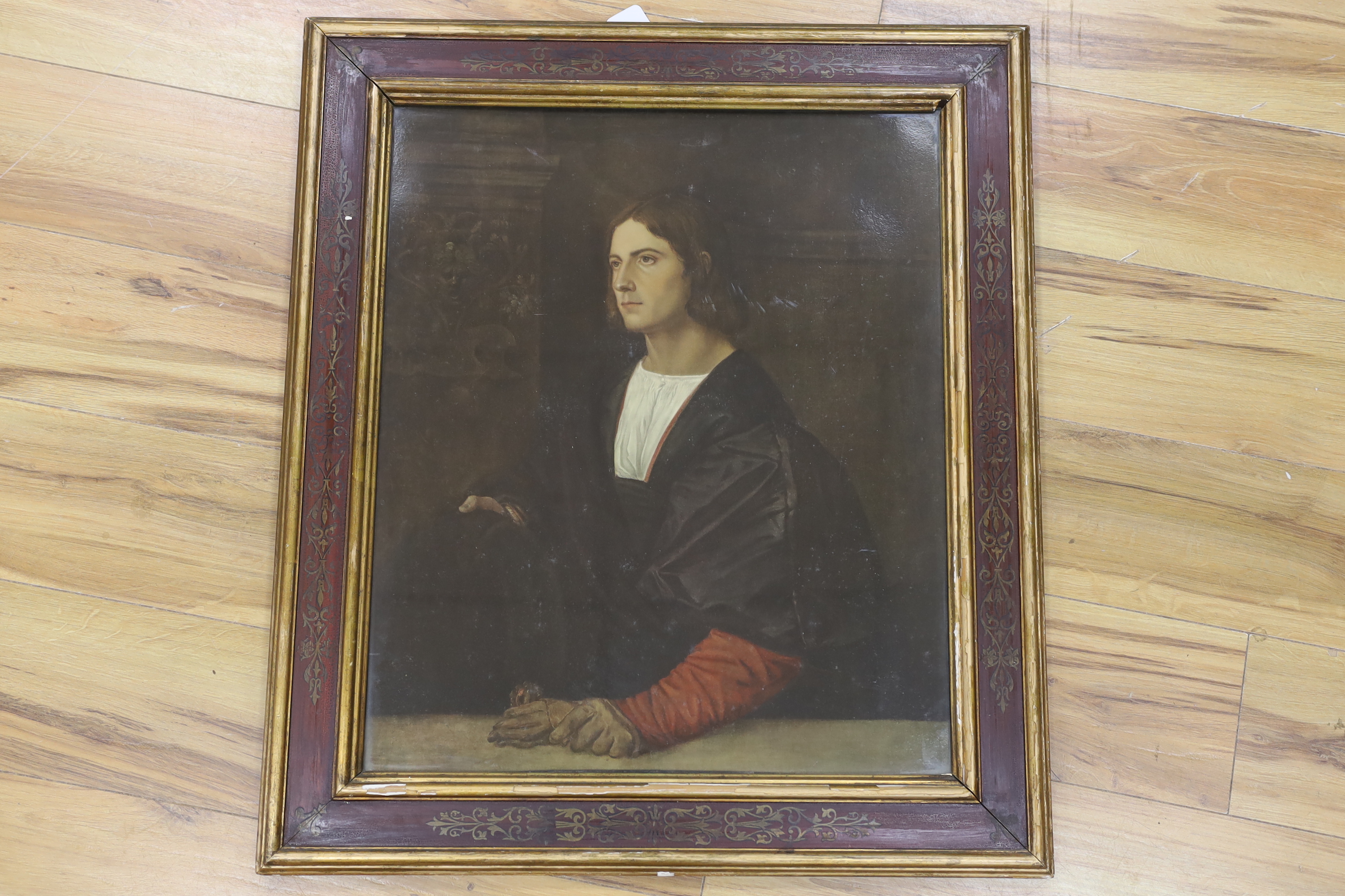 After Titian (Italian, d.1576), Medici Society colour print, Portrait of a young gentleman, label verso, housed in a painted wood frame gilded with fleur de lys, 60 x 50cm